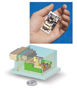 The small optics that define the external cavity of a broadly tunable QC laser allow the package to be miniaturized. The small optics that define the external cavity of a broadly tunable QC laser allow the package to be miniaturized.