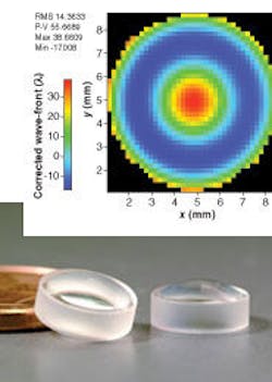 FIGURE 1. Glass lenses for a mobile-phone camera (bottom) often exhibit high distortion, as indicated by a digital color-coded map (shown corrected for tilt and focus errors) of the wavefront distortion in transmission (top; up to -10ë in the blue and more than +30ë in the red regions of the map). However, several lenses can be combined to complement each other optically, and the whole system will sum to give minimal optical distortion. FIGURE 1. Glass lenses for a mobile-phone camera (bottom) often exhibit high distortion, as indicated by a digital color-coded map (shown corrected for tilt and focus errors) of the wavefront distortion in transmission (top; up to -10ë in the blue and more than +30ë in the red regions of the map). However, several lenses can be combined to complement each other optically, and the whole system will sum to give minimal optical distortion.