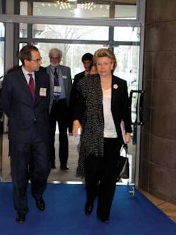 European Commissioner Viviane Reding arrives at Photonics Europe. She noted that funding for photonics research will target applications with the most commercial potential. European Commissioner Viviane Reding arrives at Photonics Europe. She noted that funding for photonics research will target applications with the most commercial potential.