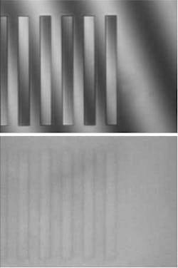 FIGURE 2. A compensation slide added to the reference arm of an optical profiler greatly improves fringe contrast (top) compared to an uncompensated objective (bottom) looking at a 20 µm pitch standard through 3 mm of glass. FIGURE 2. A compensation slide added to the reference arm of an optical profiler greatly improves fringe contrast (top) compared to an uncompensated objective (bottom) looking at a 20 µm pitch standard through 3 mm of glass.