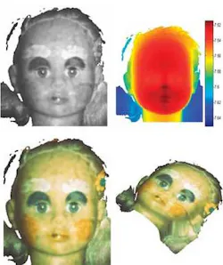 A doll’s head is imaged at a range of 7 to 8 m using a multispectral technique that uses laser radar for distance calculations and a multispectral source based on stimulated Raman scattering in an optical fiber. A black-and-white intensity image (upper left) is merged with a range image (upper right) through a series of reconstruction calculations that combine three monochromatic images in red, green, and yellow to produce a three-dimensional color image (lower left). To show its 3-D nature, the image can be rotated (lower right).