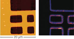 FIGURE 2. A false-color SPIM image (right) reveals the same physical structure of a gold pattern on glass as an atomic-force-microscope image (left), but the high-intensity regions in the SPIM image indicate that electron ejection is much more efficient at metal edge discontinuities. FIGURE 2. A false-color SPIM image (right) reveals the same physical structure of a gold pattern on glass as an atomic-force-microscope image (left), but the high-intensity regions in the SPIM image indicate that electron ejection is much more efficient at metal edge discontinuities.