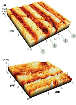 Conductivity mapping of a femtosecond-laser-exposed specimen of four different laser tracks (top) and corresponding topography (bottom) were obtained with a scanning thermal microscope. The topography map is used to identify changes in thermal conductivity that only result from structural changes in the material. The conductivity map reveals that some of these waveguides, fabricated in two passes, show an imperfect overlap.