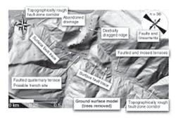 With trees removed, the Idrija Fault Zone is clearly revealed on the lidar image (based on digital spatial data licensed from the Natural Environment Research Council). With trees removed, the Idrija Fault Zone is clearly revealed on the lidar image (based on digital spatial data licensed from the Natural Environment Research Council).