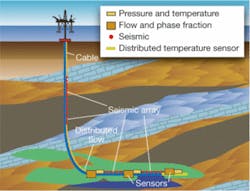 FIGURE 2. In a typical downhole installation, a surface instrument containing all the active optical components and related computer and communications equipment is located in the instrument area of the platform or subsea control module. A hydrogen-tolerant cable is then placed down the production tubing, and a passive optical system featuring a broadband light source and a tunable filter is lowered into the hole. FIGURE 2. In a typical downhole installation, a surface instrument containing all the active optical components and related computer and communications equipment is located in the instrument area of the platform or subsea control module. A hydrogen-tolerant cable is then placed down the production tubing, and a passive optical system featuring a broadband light source and a tunable filter is lowered into the hole.