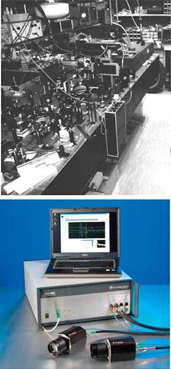 FIGURE 1. Incorporating all necessary components from a first-generation TD-THz system (top) within a single box allows fourth-generation TD-THz systems (bottom) to enable a broad application gamut for terahertz technology. FIGURE 1. Incorporating all necessary components from a first-generation TD-THz system (top) within a single box allows fourth-generation TD-THz systems (bottom) to enable a broad application gamut for terahertz technology.