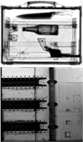 FIGURE 3. The use of TD-THz scanning allows concealed objects to be easily identified (top). In addition to the shape of an object, the index of refraction and the optical time delay through the material can be used to automatically identify threats. A test panel of the sprayed-on foam insulation from the space-shuttle fuel tank is scanned using TD-THz (bottom). This image is of the metal surface through the foam. Two-inch-high metal reinforcement bars are visible on the left, and test voids on the right are easily identified.