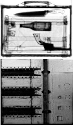 FIGURE 3. The use of TD-THz scanning allows concealed objects to be easily identified (top). In addition to the shape of an object, the index of refraction and the optical time delay through the material can be used to automatically identify threats. A test panel of the sprayed-on foam insulation from the space-shuttle fuel tank is scanned using TD-THz (bottom). This image is of the metal surface through the foam. Two-inch-high metal reinforcement bars are visible on the left, and test voids on the right are easily identified. FIGURE 3. The use of TD-THz scanning allows concealed objects to be easily identified (top). In addition to the shape of an object, the index of refraction and the optical time delay through the material can be used to automatically identify threats. A test panel of the sprayed-on foam insulation from the space-shuttle fuel tank is scanned using TD-THz (bottom). This image is of the metal surface through the foam. Two-inch-high metal reinforcement bars are visible on the left, and test voids on the right are easily identified.