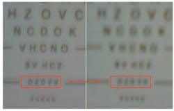 A resolution target compares the image from a presbyopic eye that needs a +1.75 D correction (right) to the image obtained using the extended-depth-of-focus thin spectacles. Pupil diameter in this experiment was 2.5 mm, while the phase element was positioned 17 mm away from the cornea of the eye. The phase element had annular structures with external diameter of 2.6 mm for the ring, replicated with the basic period of about 3.5 mm and an etching depth of 350 nm. The elements were fabricated on both sides of a flat glass. A resolution target compares the image from a presbyopic eye that needs a +1.75 D correction (right) to the image obtained using the extended-depth-of-focus thin spectacles. Pupil diameter in this experiment was 2.5 mm, while the phase element was positioned 17 mm away from the cornea of the eye. The phase element had annular structures with external diameter of 2.6 mm for the ring, replicated with the basic period of about 3.5 mm and an etching depth of 350 nm. The elements were fabricated on both sides of a flat glass.