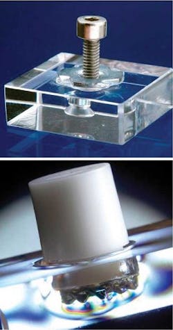 Laser-induced fusion technology (LIFTEC) developed at the Fraunhofer Institute for Laser Technology in Germany creates effective bonds between dissimilar materials such as steel and PMMA (plastic) (top) or Teflon and PMMA plastic (bottom). Laser-induced fusion technology (LIFTEC) developed at the Fraunhofer Institute for Laser Technology in Germany creates effective bonds between dissimilar materials such as steel and PMMA (plastic) (top) or Teflon and PMMA plastic (bottom).