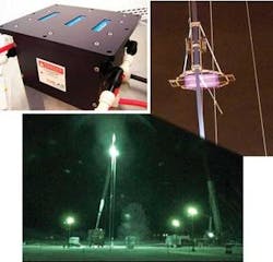 FIGURE 2. A 10 kW diode-laser power source used in the 2007 Space Elevator Competition consists of three stacked arrays of 30 diode bars with an output power of 3.5 kW each (top left; Courtesy of DILAS Diode Laser). This power-beaming diode-laser module illuminates a 1 m2 photovoltaic panel (top rightr; Courtesy of Marc Boucher/SpaceRef.com) and causes the climber platform to move up on a ribbon powered by the diode-laser beam (bottom; Courtesy of Ted Semon/SpaceElevatorBlog.com). FIGURE 2. A 10 kW diode-laser power source used in the 2007 Space Elevator Competition consists of three stacked arrays of 30 diode bars with an output power of 3.5 kW each (top left; Courtesy of DILAS Diode Laser). This power-beaming diode-laser module illuminates a 1 m2 photovoltaic panel (top rightr; Courtesy of Marc Boucher/SpaceRef.com) and causes the climber platform to move up on a ribbon powered by the diode-laser beam (bottom; Courtesy of Ted Semon/SpaceElevatorBlog.com).