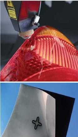 FIGURE 3. For plastics, Globo Welding is a process whereby the laser optic provides both focusing for the 940 nm, 50 W laser and the clamping force needed for intimate contact between the transmissive and absorbent plastic layer of an automotive tail light (top), for example. Alternatively, weld patterns in plastic (over areas up to 50 mm2) can be produced using a diffractive optical element and a fiber-delivered diode laser (bottom). FIGURE 3. For plastics, Globo Welding is a process whereby the laser optic provides both focusing for the 940 nm, 50 W laser and the clamping force needed for intimate contact between the transmissive and absorbent plastic layer of an automotive tail light (top), for example. Alternatively, weld patterns in plastic (over areas up to 50 mm2) can be produced using a diffractive optical element and a fiber-delivered diode laser (bottom).
