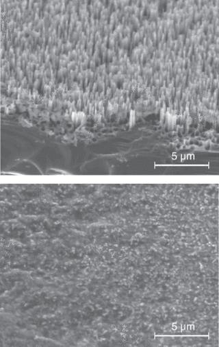 Black silicon consists of needle-shaped structures created on the surface of silicon through high-energy irradiation or chemical treatment (top); the absorptive structure can have many applications, including being used as a source of terahertz radiation. The silicon was intentionally damaged (bottom) to confirm that the needle structure was indeed the cause of terahertz emission.