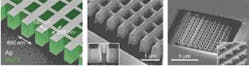 FIGURE 2. Fishnet negative-index bulk metamaterial demonstrated at Berkeley, shown in schematic, has alternating 30 nm layers of silver and 50 nm layers of MgF2 (left); a scanning electron micrograph of an actual structure is shown with the inset of a side view of the layering (center). Another SEM shows the prism made by Valentine; note the right side is lower than the left (right).