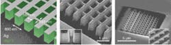 FIGURE 2. Fishnet negative-index bulk metamaterial demonstrated at Berkeley, shown in schematic, has alternating 30 nm layers of silver and 50 nm layers of MgF2 (left); a scanning electron micrograph of an actual structure is shown with the inset of a side view of the layering (center). Another SEM shows the prism made by Valentine; note the right side is lower than the left (right). FIGURE 2. Fishnet negative-index bulk metamaterial demonstrated at Berkeley, shown in schematic, has alternating 30 nm layers of silver and 50 nm layers of MgF2 (left); a scanning electron micrograph of an actual structure is shown with the inset of a side view of the layering (center). Another SEM shows the prism made by Valentine; note the right side is lower than the left (right).
