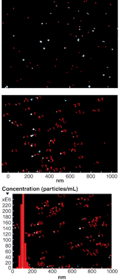 FIGURE 2. A nanoparticle suspension in the path of the laser beam are seen using microscope (top), trajectories of individual particle Brownian motion are plotted by the tracking analysis program (center), and the particle size distribution profile is generated by analysis of particle trajectories (bottom).