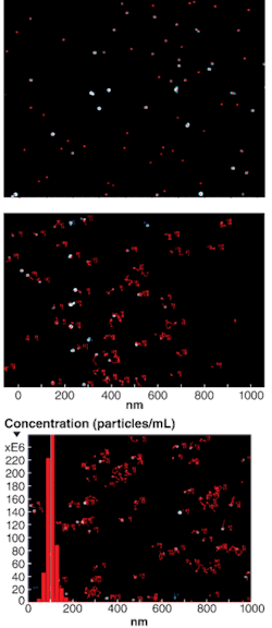 FIGURE 2. A nanoparticle suspension in the path of the laser beam are seen using microscope (top), trajectories of individual particle Brownian motion are plotted by the tracking analysis program (center), and the particle size distribution profile is generated by analysis of particle trajectories (bottom). FIGURE 2. A nanoparticle suspension in the path of the laser beam are seen using microscope (top), trajectories of individual particle Brownian motion are plotted by the tracking analysis program (center), and the particle size distribution profile is generated by analysis of particle trajectories (bottom).