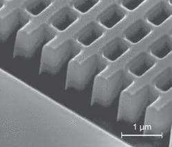 FIGURE 1. A metamaterial that has a negative refractive index at telecommunications wavelengths is composed of 21 layers with a “fishnet” structure, one layer of which is shown here in a scanning-electron-microscope image. FIGURE 1. A metamaterial that has a negative refractive index at telecommunications wavelengths is composed of 21 layers with a “fishnet” structure, one layer of which is shown here in a scanning-electron-microscope image.