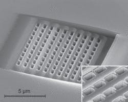 FIGURE 2. One face of a metamaterial prism reveals its fishnet structure. The prism has a refractive index of -1.35 at a 1.775 µm wavelength. The metamaterial consists of alternating layers of metal and dielectric (inset). FIGURE 2. One face of a metamaterial prism reveals its fishnet structure. The prism has a refractive index of -1.35 at a 1.775 µm wavelength. The metamaterial consists of alternating layers of metal and dielectric (inset).
