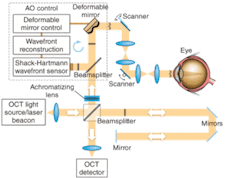 FIGURE 1. Adaptive optics placed in the sample arm of an ultra-high-resolution OCT instrument corrects ocular aberration in real time. FIGURE 1. Adaptive optics placed in the sample arm of an ultra-high-resolution OCT instrument corrects ocular aberration in real time.