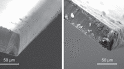 FIGURE 1. Scalable femtosecond lasers used at high scan rates perform well for cutting wafers, but results vary depending on scan speed. A SEM image of a wafer cut at 4 m/s scan speed (left) shows cleaner singulation than at 80 mm/s scan speed (right).