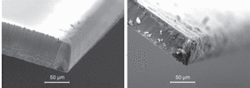 FIGURE 1. Scalable femtosecond lasers used at high scan rates perform well for cutting wafers, but results vary depending on scan speed. A SEM image of a wafer cut at 4 m/s scan speed (left) shows cleaner singulation than at 80 mm/s scan speed (right). FIGURE 1. Scalable femtosecond lasers used at high scan rates perform well for cutting wafers, but results vary depending on scan speed. A SEM image of a wafer cut at 4 m/s scan speed (left) shows cleaner singulation than at 80 mm/s scan speed (right).