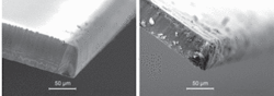 FIGURE 1. Scalable femtosecond lasers used at high scan rates perform well for cutting wafers, but results vary depending on scan speed. A SEM image of a wafer cut at 4 m/s scan speed (left) shows cleaner singulation than at 80 mm/s scan speed (right).