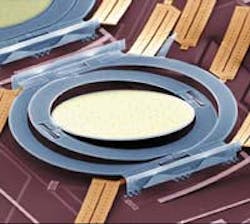 FIGURE 1. An optical MEMS mirror can tilt on two axes; the mirror itself pivots on one axis, while the ring surrounding it pivots on a perpendicular axis. FIGURE 1. An optical MEMS mirror can tilt on two axes; the mirror itself pivots on one axis, while the ring surrounding it pivots on a perpendicular axis.