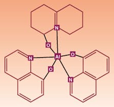 FIGURE 2. One class of organic light-emitting materials is based on crystalline compounds like hydroxyquinoline aluminum (AlQ), which can be doped to increase its luminous efficiency. FIGURE 2. One class of organic light-emitting materials is based on crystalline compounds like hydroxyquinoline aluminum (AlQ), which can be doped to increase its luminous efficiency.
