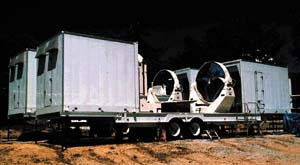 Infrared-spatial-interferometer telescopes measuring 1.5 m are mounted in vans for relative positioning and orientation.