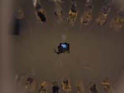 FIGURE 1. Six regions of a diamond LED p-n junction emit UV luminescence. (The dark electrodes are not connected to the power source). FIGURE 1. Six regions of a diamond LED p-n junction emit UV luminescence. (The dark electrodes are not connected to the power source).