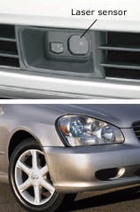 FIGURE 2. The laser-emitting portion and laser receiver on the Lexus are built into the front grille (top). The headlights on the 2002 Infiniti Q45 provide a wide distribution beam pattern powerful enough to obviate fog lights (bottom).