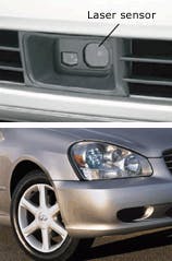 FIGURE 2. The laser-emitting portion and laser receiver on the Lexus are built into the front grille (top). The headlights on the 2002 Infiniti Q45 provide a wide distribution beam pattern powerful enough to obviate fog lights (bottom). FIGURE 2. The laser-emitting portion and laser receiver on the Lexus are built into the front grille (top). The headlights on the 2002 Infiniti Q45 provide a wide distribution beam pattern powerful enough to obviate fog lights (bottom).