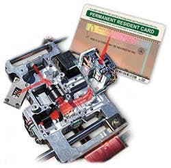 FIGURE 1. Exploded view of the optical head shows the laser path between the reader and a typical optical card. FIGURE 1. Exploded view of the optical head shows the laser path between the reader and a typical optical card.
