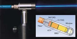 FIGURE 2. An Nd:YAG Q-switched frequency-quadrupled microchip laser with UV output. The laser crystal is bonded directly to the fiber output of the laser-diode pump. FIGURE 2. An Nd:YAG Q-switched frequency-quadrupled microchip laser with UV output. The laser crystal is bonded directly to the fiber output of the laser-diode pump.
