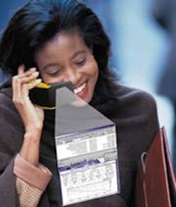 FIGURE 1. The use of OLED-on-silicon technology will enable viewing of full-size images using compact wireless telecommunications equipment. Looking into a built-in microdisplay and optics component, the user would view a virtual image similar to that of a full-size computer screen. FIGURE 1. The use of OLED-on-silicon technology will enable viewing of full-size images using compact wireless telecommunications equipment. Looking into a built-in microdisplay and optics component, the user would view a virtual image similar to that of a full-size computer screen.