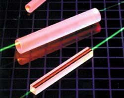 Sapphire rods, tinted pink by low levels of titanium doping, have strong absorption at blue and green wavelengths. Absorption takes place entirely by the upper laser energy band, with no parasitic excited state absorption. Sapphire rods, tinted pink by low levels of titanium doping, have strong absorption at blue and green wavelengths. Absorption takes place entirely by the upper laser energy band, with no parasitic excited state absorption.