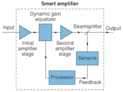FIGURE 2. In a smart amplifier, the sensors detect changes in power level, and feedback from them adjusts transmission of the dynamic gain-equalizing filter. FIGURE 2. In a smart amplifier, the sensors detect changes in power level, and feedback from them adjusts transmission of the dynamic gain-equalizing filter.