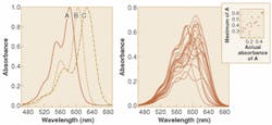 FIGURE 1. While the visible absorption spectra of three dyes are distinct from one another, they have a great deal of spectral overlap (left). For 21 mixtures of the three dyes (spectra at right), the absorbance of the mixtures at the maximum absorption wavelength of dye A as a function of the actual absorbance can be plotted (right, inset). This method of estimation can give poor results. FIGURE 1. While the visible absorption spectra of three dyes are distinct from one another, they have a great deal of spectral overlap (left). For 21 mixtures of the three dyes (spectra at right), the absorbance of the mixtures at the maximum absorption wavelength of dye A as a function of the actual absorbance can be plotted (right, inset). This method of estimation can give poor results.