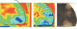 FIGURE 2. A continuous-wave terahertz image at a radiation frequency of 230 GHz (0.23 THz) was taken of a cancerous tissue sample scanned at 0.5-mm step sizes (left). The tumors appear as dark patches of reduced transmission and are clearly distinguishable from regular tissue. While the regular tissue has a maximum transmission of approximately 60%, the transmission of the cancerous regions decreases to values of 18%. As the density is believed to be similar for metastatic and regular tissue, the contrast is thought to be a result of differing chemical properties. The same sample was also imaged with a pulsed terahertz system at a frequency window of 0.2 to 0.5 THz (center). An optical image of the sample shows cancerous areas as somewhat brighter than the regular tissue (right). FIGURE 2. A continuous-wave terahertz image at a radiation frequency of 230 GHz (0.23 THz) was taken of a cancerous tissue sample scanned at 0.5-mm step sizes (left). The tumors appear as dark patches of reduced transmission and are clearly distinguishable from regular tissue. While the regular tissue has a maximum transmission of approximately 60%, the transmission of the cancerous regions decreases to values of 18%. As the density is believed to be similar for metastatic and regular tissue, the contrast is thought to be a result of differing chemical properties. The same sample was also imaged with a pulsed terahertz system at a frequency window of 0.2 to 0.5 THz (center). An optical image of the sample shows cancerous areas as somewhat brighter than the regular tissue (right).