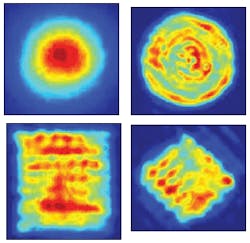 An intracavity liquid-crystal spatial light valve (LCLV) spatially varies the phase of a laser beam. With no LCLV, the beam is Gaussian (top left). When in place, the LCLV produces a circular 20th-order super-Gaussian mode (top right), a square 20th-order super-Gaussian mode (bottom left), and a 45&deg;-rotated 20th-order super-Gaussian mode (bottom right). The super-Gaussian modes all have flat-top profiles.