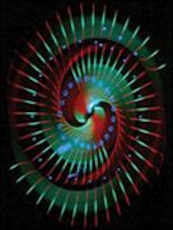 Full-color laser displays can produce spectacular abstract animated designs, as in this display from 'Fight song,' by Laser Fantasy International (Bellevue, WA), which won a 2001 Fenning Award for artistic display. Full-color laser displays can produce spectacular abstract animated designs, as in this display from 'Fight song,' by Laser Fantasy International (Bellevue, WA), which won a 2001 Fenning Award for artistic display.