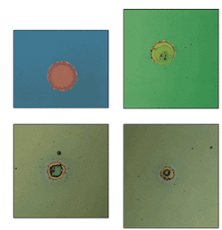 FIGURE 1. Coatings suffer catastrophic damage when defects absorb laser energy, generate heat, and cause melting or thermal stress fractures. A coating fails at relatively low thresholds of 11.77 (top left), 12.92, (top right), and 14.3 J/cm2 (bottom left) for 20-ns pulses at a 1064-nm wavelength, due to poor coating process control. A coating fails at 73.3 J/cm2 due to a coating defect (bottom right). FIGURE 1. Coatings suffer catastrophic damage when defects absorb laser energy, generate heat, and cause melting or thermal stress fractures. A coating fails at relatively low thresholds of 11.77 (top left), 12.92, (top right), and 14.3 J/cm2 (bottom left) for 20-ns pulses at a 1064-nm wavelength, due to poor coating process control. A coating fails at 73.3 J/cm2 due to a coating defect (bottom right).