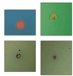 FIGURE 1. Coatings suffer catastrophic damage when defects absorb laser energy, generate heat, and cause melting or thermal stress fractures. A coating fails at relatively low thresholds of 11.77 (top left), 12.92, (top right), and 14.3 J/cm2 (bottom left) for 20-ns pulses at a 1064-nm wavelength, due to poor coating process control. A coating fails at 73.3 J/cm2 due to a coating defect (bottom right). FIGURE 1. Coatings suffer catastrophic damage when defects absorb laser energy, generate heat, and cause melting or thermal stress fractures. A coating fails at relatively low thresholds of 11.77 (top left), 12.92, (top right), and 14.3 J/cm2 (bottom left) for 20-ns pulses at a 1064-nm wavelength, due to poor coating process control. A coating fails at 73.3 J/cm2 due to a coating defect (bottom right).