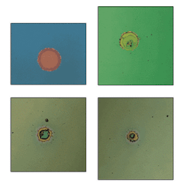 FIGURE 1. Coatings suffer catastrophic damage when defects absorb laser energy, generate heat, and cause melting or thermal stress fractures. A coating fails at relatively low thresholds of 11.77 (top left), 12.92, (top right), and 14.3 J/cm2 (bottom left) for 20-ns pulses at a 1064-nm wavelength, due to poor coating process control. A coating fails at 73.3 J/cm2 due to a coating defect (bottom right).