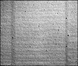 Atom lithography creates structures using a standing-wave light field resulting from three beams as the mask. An optical micrograph shows 426-nm-period gold structures (bright regions) after processing. Two vertical hazy lines spaced by 23.4 mm arise from an interruption of the horizontal lines. The researchers attribute the vertical lines to multiple interference of the three light beams. Atom lithography creates structures using a standing-wave light field resulting from three beams as the mask. An optical micrograph shows 426-nm-period gold structures (bright regions) after processing. Two vertical hazy lines spaced by 23.4 mm arise from an interruption of the horizontal lines. The researchers attribute the vertical lines to multiple interference of the three light beams.