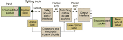 FIGURE 2. In a generalized optical packet switch, the optical label is split from the encapsulated packet and directed to a control module, which converts it to electronic form and interprets it. The control circuits then operate the switching matrix, and generate a new optical label, which is applied to the emerging encapsulated packets. FIGURE 2. In a generalized optical packet switch, the optical label is split from the encapsulated packet and directed to a control module, which converts it to electronic form and interprets it. The control circuits then operate the switching matrix, and generate a new optical label, which is applied to the emerging encapsulated packets.