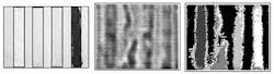 Terahertz imaging classifies powdered substances. Four different powders - salt, baking soda, flour, and Chinese seasoning - were placed in strips between two pieces of paper (left) and placed in an envelope, which was then scanned with chirped terahertz pulses. An image of the Fourier transform of the terahertz response at each pixel displays the amplitude at a 0.3-THz frequency as the grayscale intensity (center). The scanned data gives information on the frequency-dependent scattering, absorption, and refractive indices of the substances. Operating on the 0.3-Thz data, a simple classification algorithm classifies each pixel, resulting in the identification of all four powders as well as the paper (right, shown as five shades of gray). Terahertz imaging classifies powdered substances. Four different powders - salt, baking soda, flour, and Chinese seasoning - were placed in strips between two pieces of paper (left) and placed in an envelope, which was then scanned with chirped terahertz pulses. An image of the Fourier transform of the terahertz response at each pixel displays the amplitude at a 0.3-THz frequency as the grayscale intensity (center). The scanned data gives information on the frequency-dependent scattering, absorption, and refractive indices of the substances. Operating on the 0.3-Thz data, a simple classification algorithm classifies each pixel, resulting in the identification of all four powders as well as the paper (right, shown as five shades of gray).