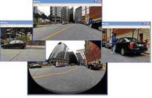 FIGURE 3. Multiple simultaneous undistorted views from only one Panomorph camera can be utilized for &ldquo;driver-assistance&rdquo; applications such as collision avoidance and parking assistance.