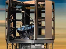 FIGURE 1. Seven 8.4 m disks will make up the 24 m of the Giant Magellan Telescope. The concave secondary focuses light through a central hole to instruments mounted on the back of the primary support, with a compensating lens correcting for aberrations. FIGURE 1. Seven 8.4 m disks will make up the 24 m of the Giant Magellan Telescope. The concave secondary focuses light through a central hole to instruments mounted on the back of the primary support, with a compensating lens correcting for aberrations.